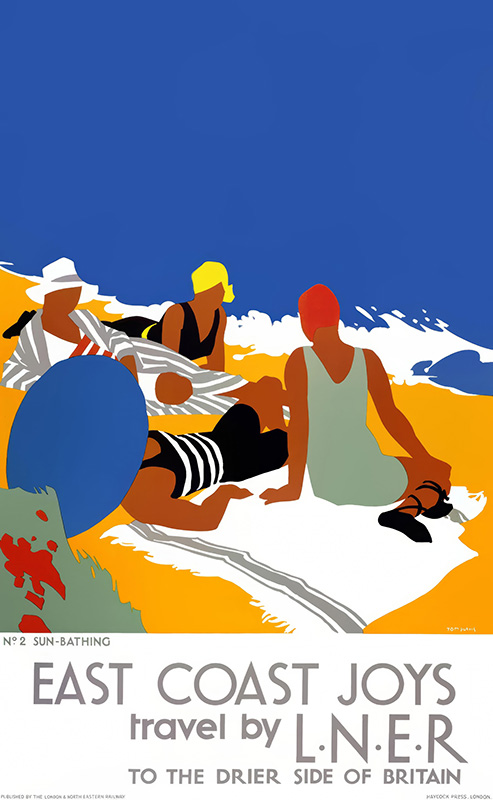 product-image Four people wearing swimsuits and hats relax on a sandy beach under a clear blue sky, with a blue beach umbrella beside them. The scene echoes the classic East Coast Joys Travel Poster, inviting you to explore Britain’s coast with LNER. Poster print available in A1 to A4 sizes.