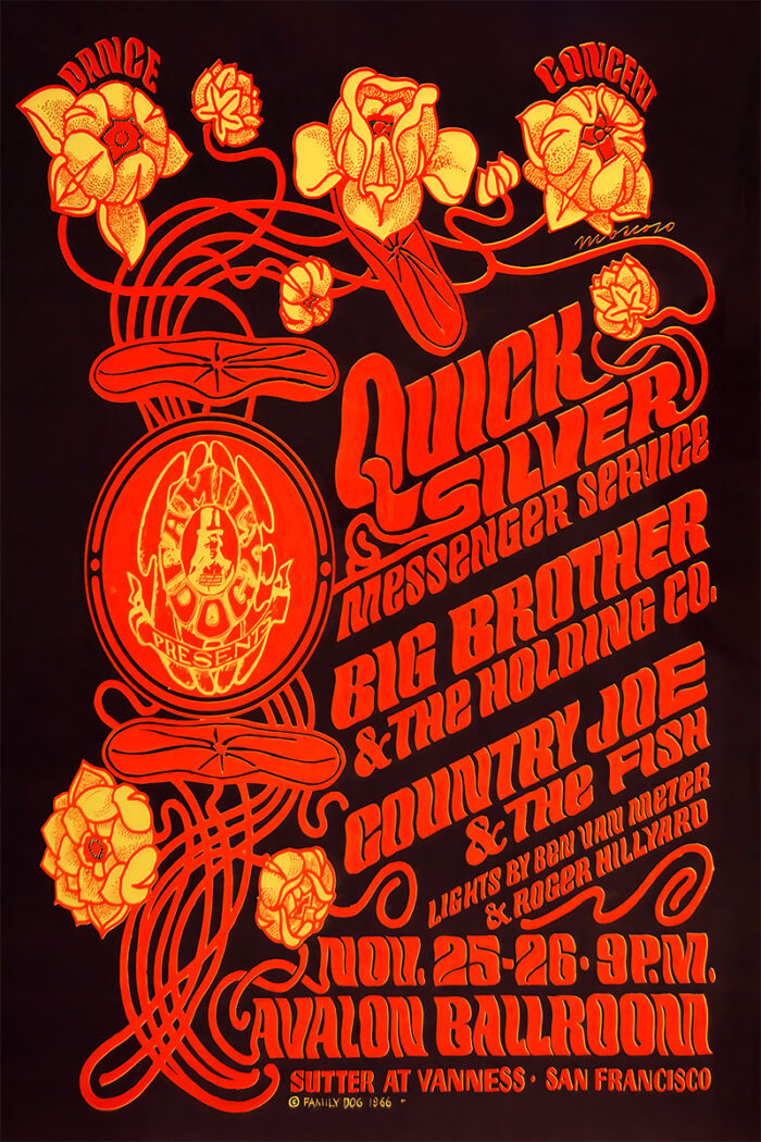 product-image Psychedelic 1966 concert poster with vibrant orange and yellow artwork, promoting Quicksilver Messenger Service, Big Brother & The Holding Co., and Country Joe & the Fish at Avalon Ballroom, Nov. 25-26. Poster prints available in A1 to A4 sizes.