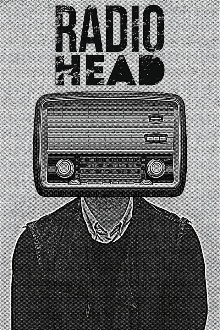 product-image A person with a vintage radio for a head stands below the bold, distressed text RADIOHEAD in this striking black and white music poster. Poster prints available in A1 to A4 sizes.