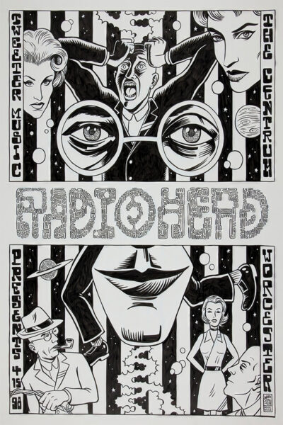 Black and white illustrated concert poster featuring stylized faces, glasses, and bold text: Radiohead, Worcester 1998 event date, and location details for this iconic show. Poster prints available in A1 to A4 sizes.