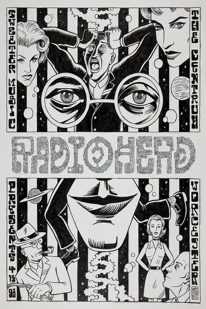 product-image Black and white illustrated concert poster featuring stylized faces, glasses, and bold text: Radiohead, Worcester 1998 event date, and location details for this iconic show. Poster prints available in A1 to A4 sizes.