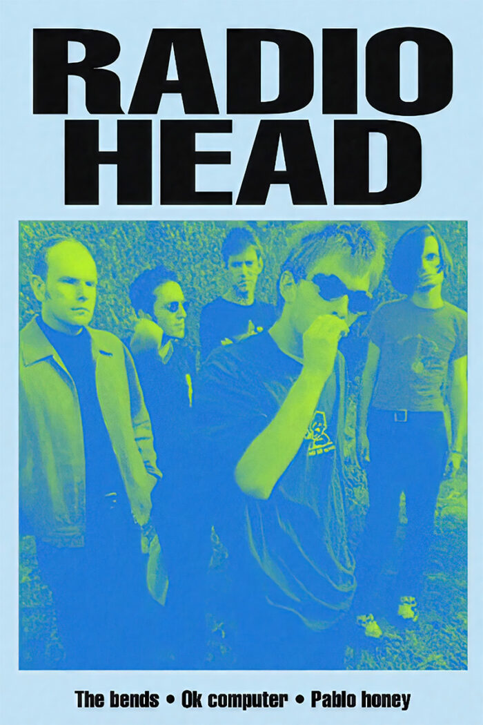 product-image Five people stand outdoors in front of bushes, with RADIOHEAD in large text above like a music poster, and album titles The bends, Ok computer, and Pablo honey listed below. Poster prints available in A1 to A4 sizes.