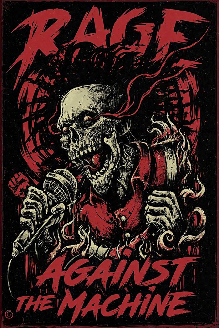 product-image Illustrated music poster of a skeleton screaming into a microphone, featuring bold red Rage Against The Machine text. Poster prints available in A1 to A4 sizes.
