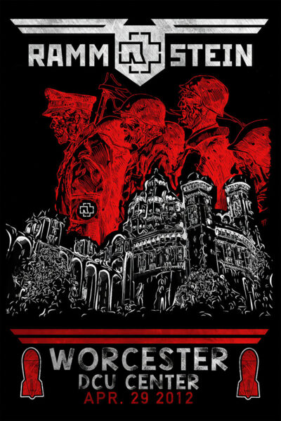 Concert poster for Rammstein at DCU Centre Worcester on April 29, 2012, featuring striking red and white illustrations of people and a castle set against a bold black background. Poster prints available in A1 to A4 sizes.