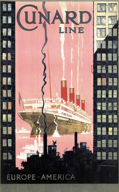 A vintage Cunard Line travel poster features a grand ocean liner with four red funnels gliding between city skyscrapers, promoting Europe-America travel. Poster print available in A1 to A4 sizes.