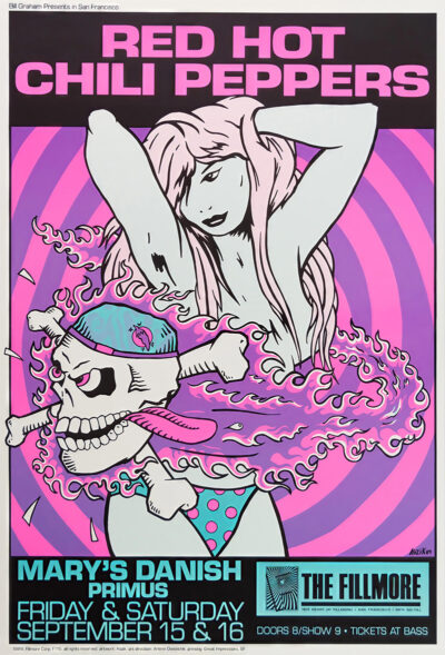 Concert poster for Red Hot Chili Peppers at The Fillmore San Francisco featuring a stylized pink and purple illustration of a woman with a skeleton, and event details in blue boxes at the bottom. Poster prints available in A1 to A4 sizes.
