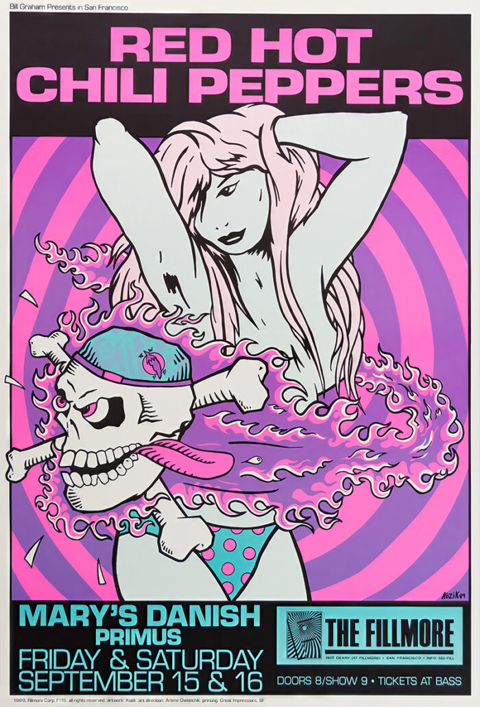 Concert poster for Red Hot Chili Peppers at The Fillmore San Francisco featuring a stylized pink and purple illustration of a woman with a skeleton, and event details in blue boxes at the bottom. Poster prints available in A1 to A4 sizes.
