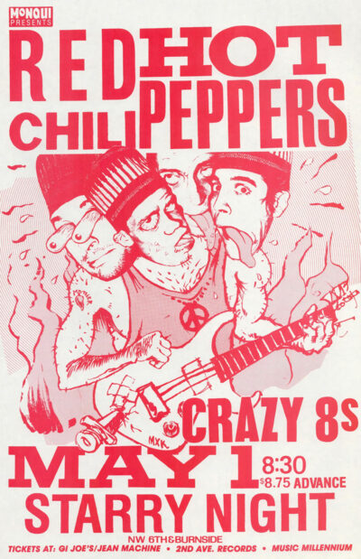 Vibrant concert poster featuring cartoon Red Hot Chili Peppers and Crazy 8s in red, highlighting the May 1 Starry Night show. Presented by Monqui with full event details. Poster prints available in A1 to A4 sizes.