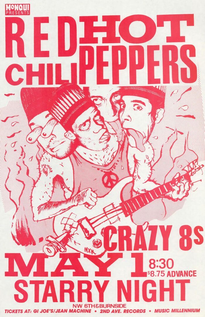 product-image Vibrant concert poster featuring cartoon Red Hot Chili Peppers and Crazy 8s in red, highlighting the May 1 Starry Night show. Presented by Monqui with full event details. Poster prints available in A1 to A4 sizes.