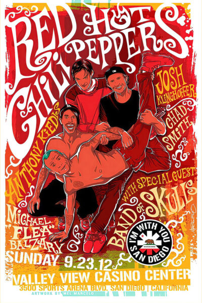 Concert poster for Red Hot Chili Peppers’ San Diego concert on 9/23/12 at Valley View Casino Centre, featuring guest band Skull and full event details. Poster prints available in A1 to A4 sizes.