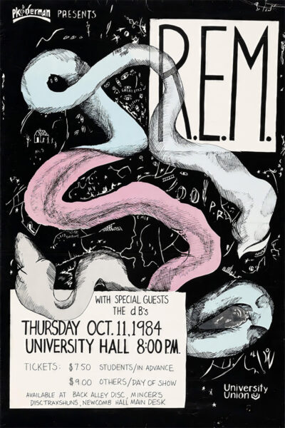 1984 Concert Poster for an R.E.M. show at University Hall on October 11, featuring striking graphic art, ticket info, and special guests The dB’s. Poster prints available in A1 to A4 sizes.