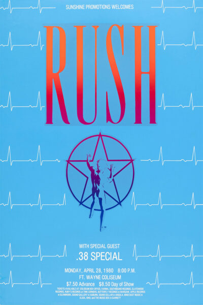 Poster for a Rush concert with special guest .38 Special, set for April 28, 1980, at Ft. Wayne Coliseum. Features the iconic band logo and star-man graphic on a striking blue background. Poster prints available in A1 to A4 sizes.