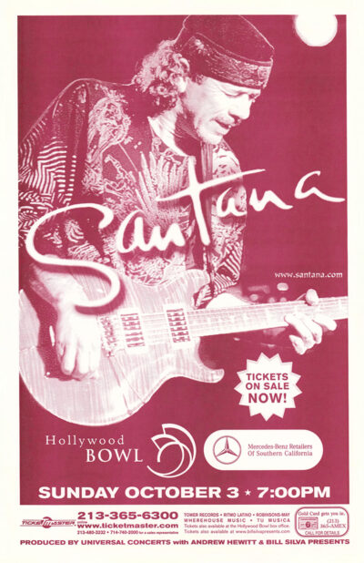 Concert Poster featuring Carlos Santana playing electric guitar, with “Santana” across the image; event details for the Santana concert at Hollywood Bowl on Sunday, October 3 at 7:00 PM are displayed below. Poster prints available in A1 to A4 sizes.
