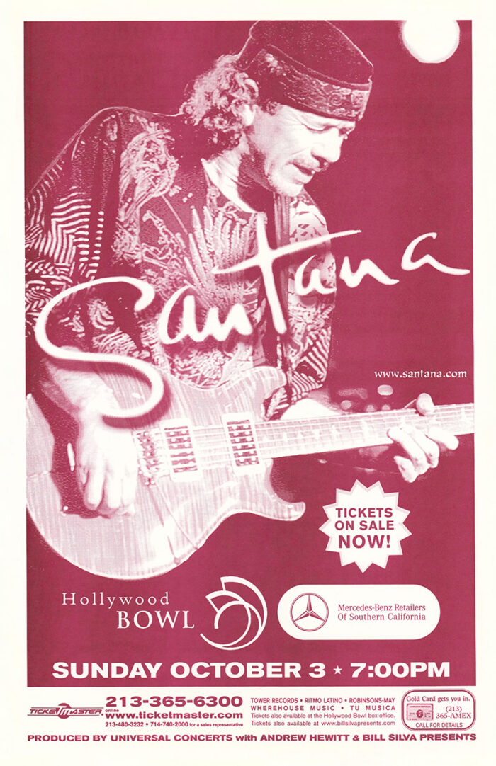 product-image Concert Poster featuring Carlos Santana playing electric guitar, with “Santana” across the image; event details for the Santana concert at Hollywood Bowl on Sunday, October 3 at 7:00 PM are displayed below. Poster prints available in A1 to A4 sizes.