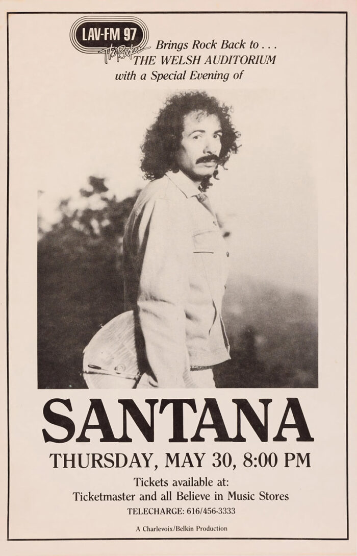 product-image Black and white Concert Poster advertising Santana live at Welsh Auditorium on Thursday, May 30 at 8:00 PM, presented by LAV-FM 97. Includes full ticket information. Poster prints available in A1 to A4 sizes.