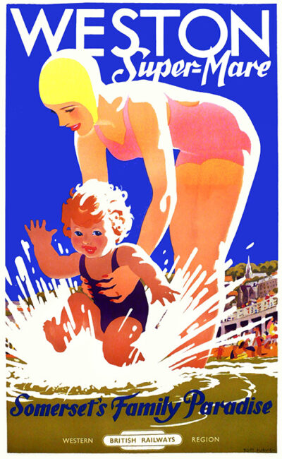 Vintage poster of a woman in a yellow swim cap helping a child at the beach, promoting Weston Super-Mare as Somerset’s Family Paradise for British Railways. Poster print available in A1 to A4 sizes.