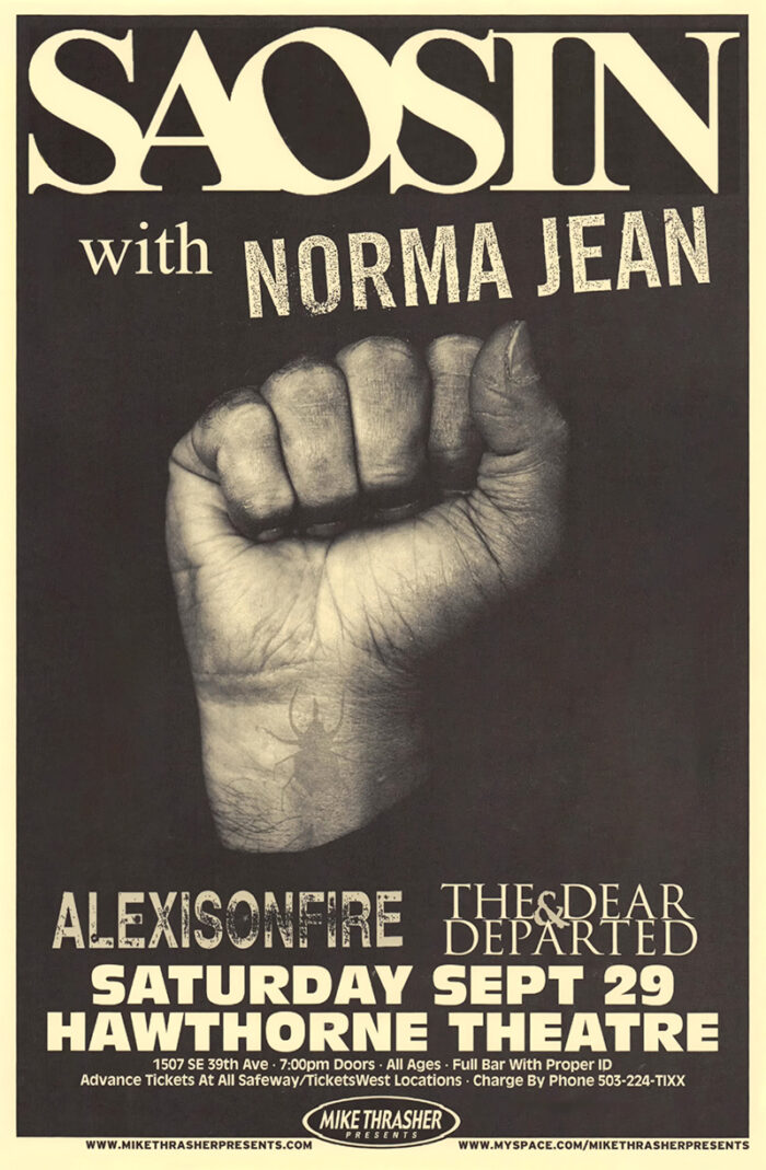 product-image Concert poster featuring a raised fist and bold text promoting Saosin live with Norma Jean, Alexisonfire, and The Dear & Departed on Saturday, September 29 at the Hawthorne Theatre. Poster prints available in A1 to A4 sizes.