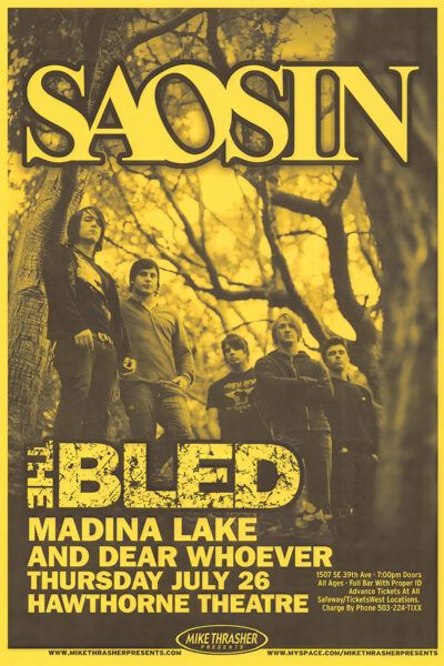 Yellow-tinted concert poster for Saosin, The Bled, Madina Lake, and Dear Whoever at Hawthorne Theatre on Thursday, July 26. Band members stand in a wooded area. A must-see Saosin event at the iconic Hawthorne Theatre!. Poster prints available in A1 to A4 sizes.