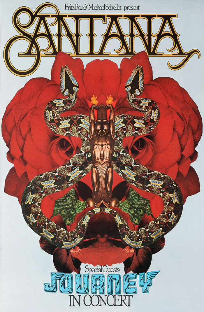 product-image Ornate concert poster features the Santana logo with roses, snakes, and a statue, advertising a live performance by Santana with special guests Journey. Poster prints available in A1 to A4 sizes.