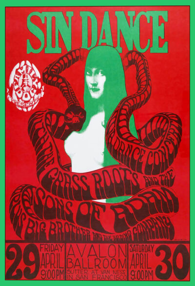 Psychedelic San Francisco concert poster featuring a green-tinted woman, swirling red and black text, and event details for Sin Dance at Avalon Ballroom, April 29-30. Poster prints available in A1 to A4 sizes.
