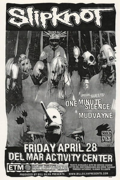 Striking black-and-white Concert Poster for Slipknot, featuring masked band members with special guests One Minute Silence and Mudvayne. Includes event details for April 28 at Del Mar Activity Centre. Poster prints available in A1 to A4 sizes.
