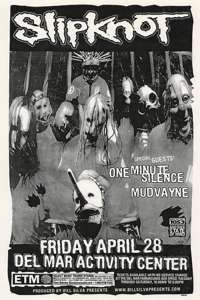 product-image Striking black-and-white Concert Poster for Slipknot, featuring masked band members with special guests One Minute Silence and Mudvayne. Includes event details for April 28 at Del Mar Activity Centre. Poster prints available in A1 to A4 sizes.