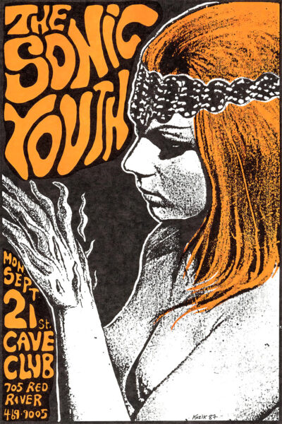 Black and white illustration of a woman with orange hair and headband; this Sonic Youth concert poster advertises their show on Monday, Sept 21 at Cave Club, 705 Red River, with a phone number. Poster prints available in A1 to A4 sizes.