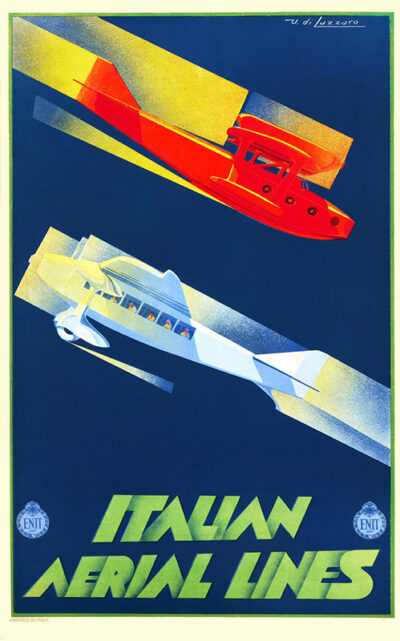 Vintage 1933 travel poster featuring a red and a white airplane flying diagonally above the words Italian Aerial Lines on a dark blue background. Poster print available in A1 to A4 sizes.