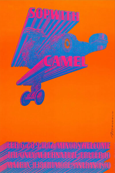 Psychedelic Concert Poster of a blue and pink outlined airplane with a camels face, promoting Sopwith Camel shows at the Fillmore San Francisco, February 1967. Poster prints available in A1 to A4 sizes.