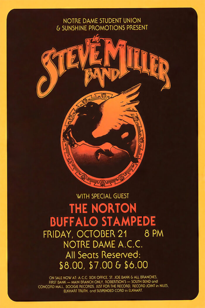 product-image Concert poster for The Steve Miller Band with special guest Norton Buffalo Stampede at the Notre Dame concert, A.C.C., Friday, October 21 at 8 PM; ticket prices and details listed. Poster prints available in A1 to A4 sizes.