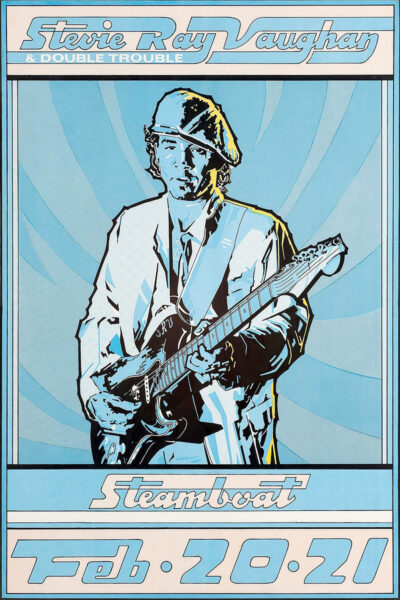Steamboat Concert Poster featuring an illustrated guitarist and text promoting a Stevie Ray Vaughan & Double Trouble performance at Steamboat on February 20-21. Poster prints available in A1 to A4 sizes.