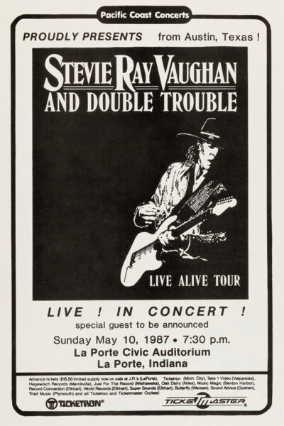 Black and white concert poster for Stevie Ray Vaughan and Double Trouble, advertising their 1987 La Porte, Indiana show as part of the iconic Live Alive Tour. A must-have Austin Texas Concert Poster for blues fans. Poster prints available in A1 to A4 sizes.