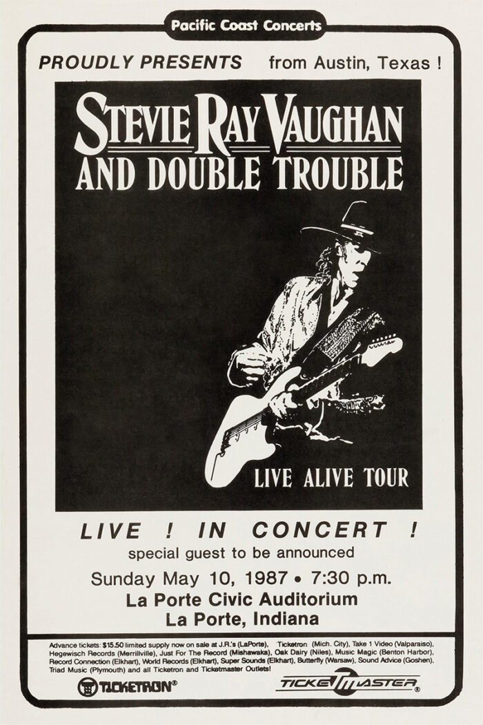 product-image Black and white concert poster for Stevie Ray Vaughan and Double Trouble, advertising their 1987 La Porte, Indiana show as part of the iconic Live Alive Tour. A must-have Austin Texas Concert Poster for blues fans. Poster prints available in A1 to A4 sizes.