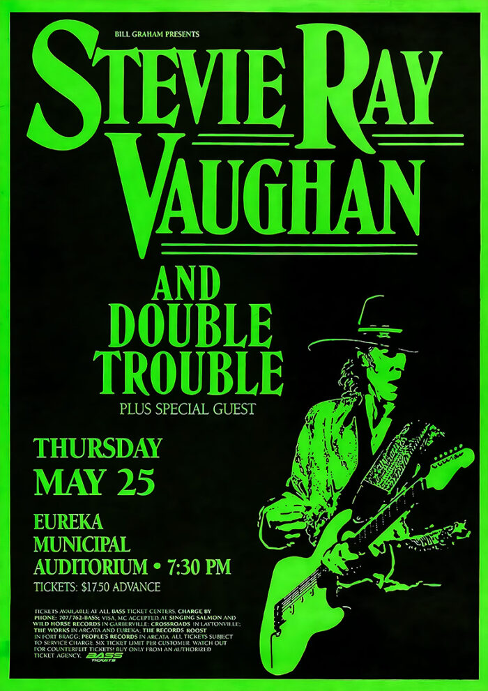 product-image Green and black concert poster for Stevie Ray Vaughan and Double Trouble, featuring a striking silhouette of Vaughan playing guitar. Event details: May 25, Eureka Municipal Auditorium, 7:30 PM. A must-have concert poster for any fan. Poster prints available in A1 to A4 sizes.