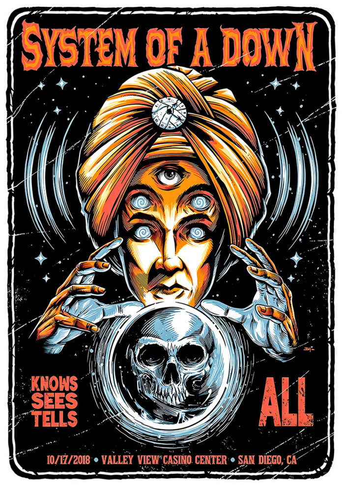 product-image Illustrated 2018 concert poster for System Of A Down, featuring a four-eyed fortune teller and a crystal ball with a skull, showcasing event details for the San Diego concert at Valley View Casino Centre. Poster prints available in A1 to A4 sizes.