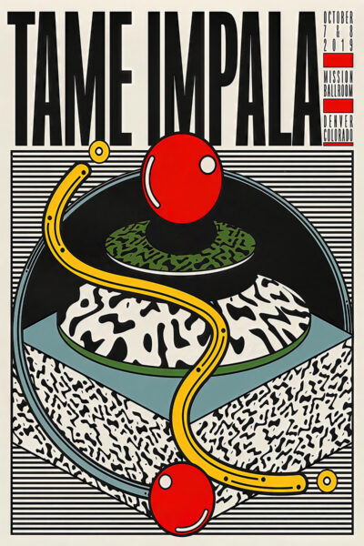 Denver Concert Poster for Tame Impala at Mission Ballroom, featuring abstract shapes, red spheres, and bold typography. Event held in Denver, Colorado, on October 7-8, 2019. Poster prints available in A1 to A4 sizes.