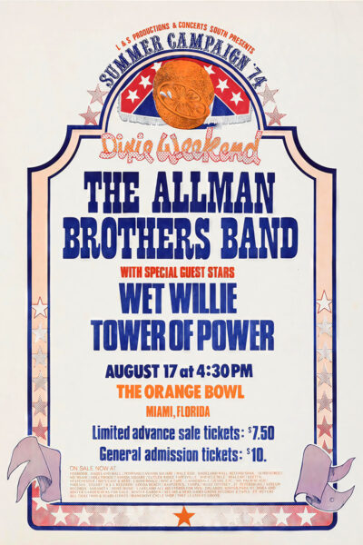 Concert Poster for the Summer Campaign 74 featuring the Allman Brothers Band, Wet Willie, and Tower of Power at Miami Floridas Orange Bowl on August 17 at 4:30 PM. Ticket prices listed. Poster prints available in A1 to A4 sizes.