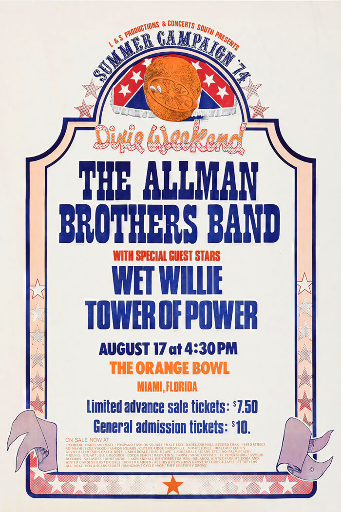 product-image Concert Poster for the Summer Campaign 74 featuring the Allman Brothers Band, Wet Willie, and Tower of Power at Miami Floridas Orange Bowl on August 17 at 4:30 PM. Ticket prices listed. Poster prints available in A1 to A4 sizes.