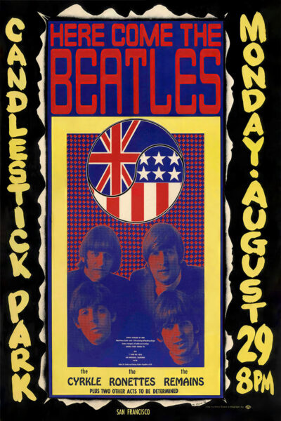 Colourful vintage 1966 Concert Poster for The Beatles’ show at Candlestick Park, San Francisco, on Monday, August 29 at 8 PM, featuring supporting acts below a vibrant graphic of British and American flags. Poster prints available in A1 to A4 sizes.