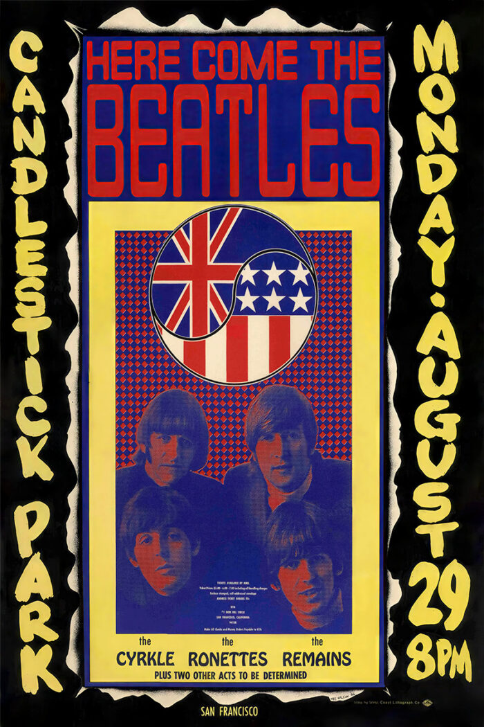 product-image Colourful vintage 1966 Concert Poster for The Beatles’ show at Candlestick Park, San Francisco, on Monday, August 29 at 8 PM, featuring supporting acts below a vibrant graphic of British and American flags. Poster prints available in A1 to A4 sizes.