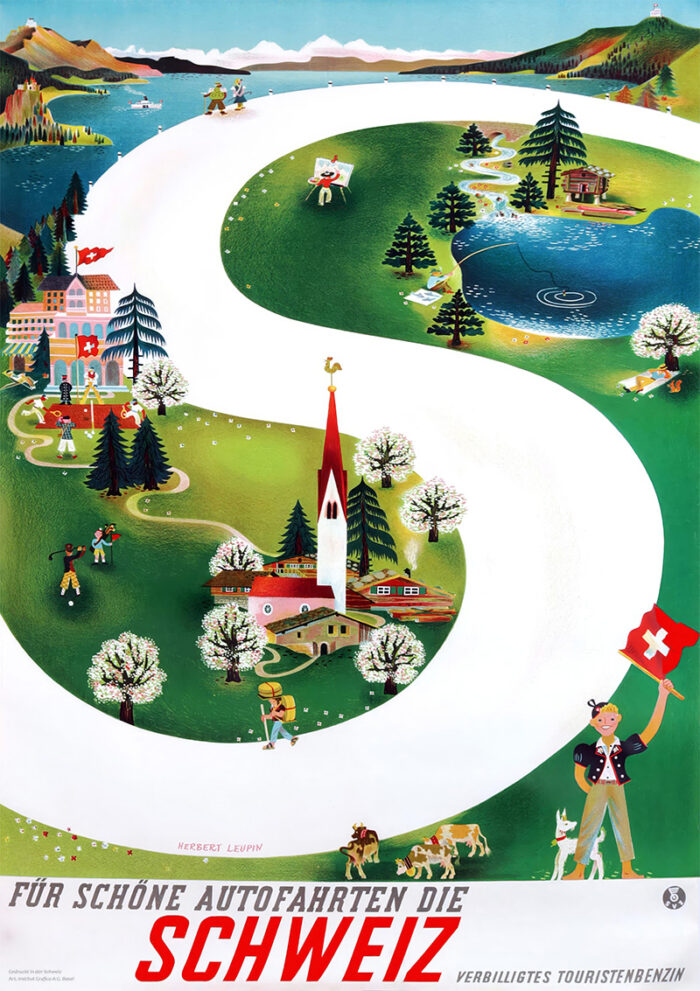 product-image Colourful and quirky illustrated Schweiz Travel Poster by LEUPIN Herbert: a winding road through Swiss countryside with mountains, trees, buildings, lake, and people; text in German promoting scenic Autofahrten in Switzerland. Poster print available in A1 to A4 sizes.