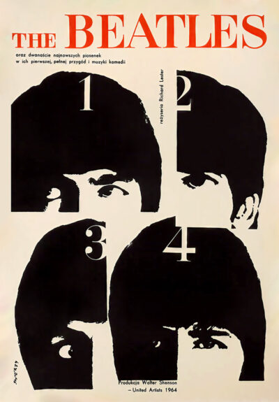 A Polish Music Poster featuring stylized black and white portraits of The Beatles, numbered 1 to 4, with the band’s name in large red and yellow letters at the top and Polish text above and below, inspired by their iconic 1964 era. A1 to A4 poster print.