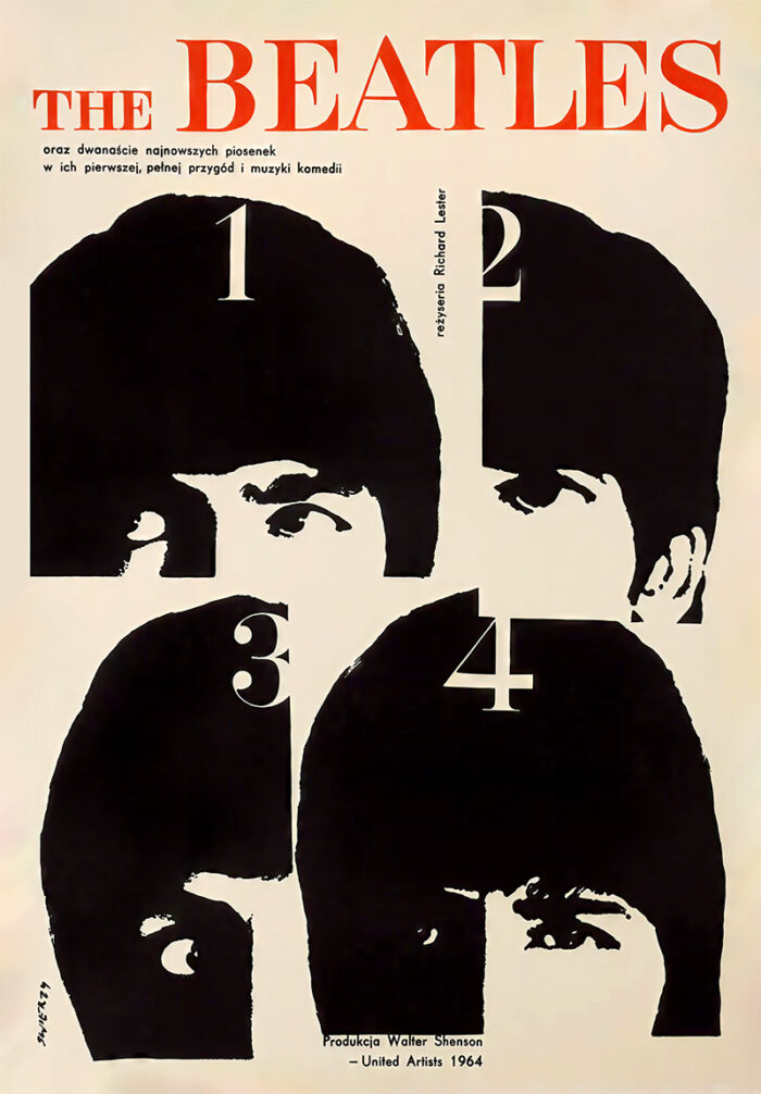 product-image A Polish Music Poster featuring stylized black and white portraits of The Beatles, numbered 1 to 4, with the band’s name in large red and yellow letters at the top and Polish text above and below, inspired by their iconic 1964 era. A1 to A4 poster print.