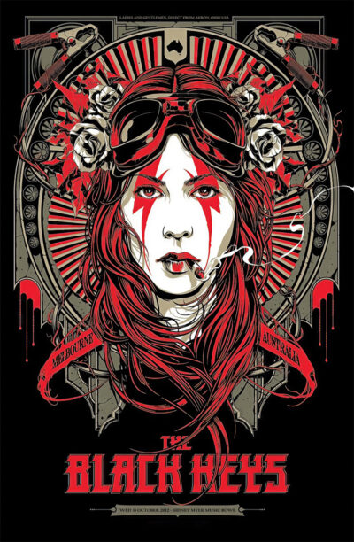 Stylized concert poster featuring a woman with red hair, face paint, and goggles, surrounded by roses and banners reading Melbourne Australia, promoting The Black Keys. Poster prints available in A1 to A4 sizes.