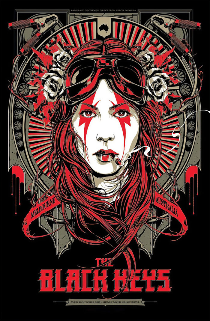 product-image Stylized concert poster featuring a woman with red hair, face paint, and goggles, surrounded by roses and banners reading Melbourne Australia, promoting The Black Keys. Poster prints available in A1 to A4 sizes.