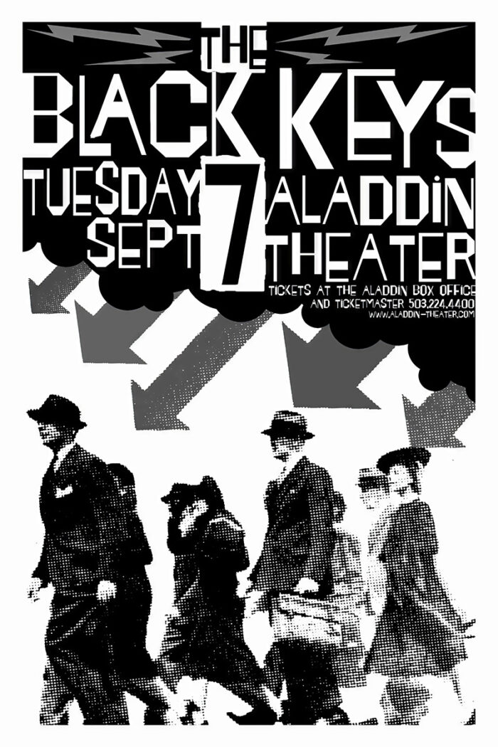 product-image Concert Poster for the Black Keys at Aladdin Theatre, featuring bold event details and a striking black-and-white image of people walking along the lower portion. A1 to A4 poster print.