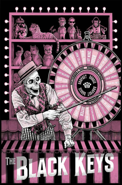 A skeleton in carnival attire spins a prize wheel before shelves of animal toys. The Black Keys appears in bold at the bottom. Shades of pink, black, and white set the tone for this Toronto Concert Poster for Budweiser Stage. A1 to A4 poster print.