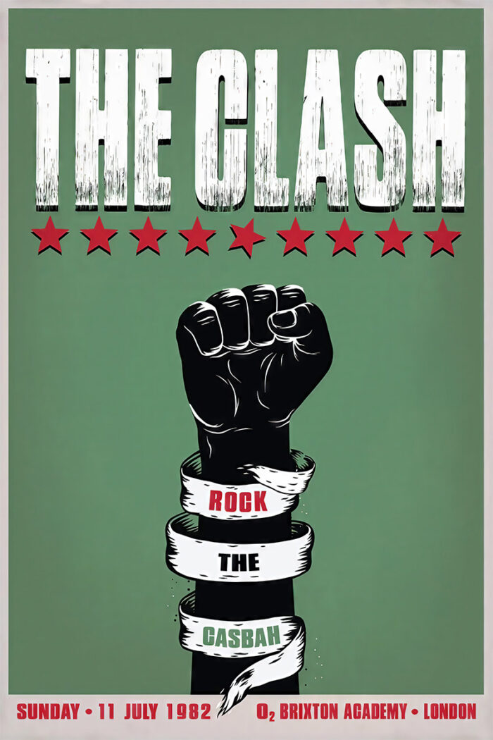 product-image A poster for The Clash at O2 Brixton Academy showcases a raised black fist with Rock The Casbah on ribbons, bold red stars, and event details: July 11, 1982, London. A1 to A4 poster print.