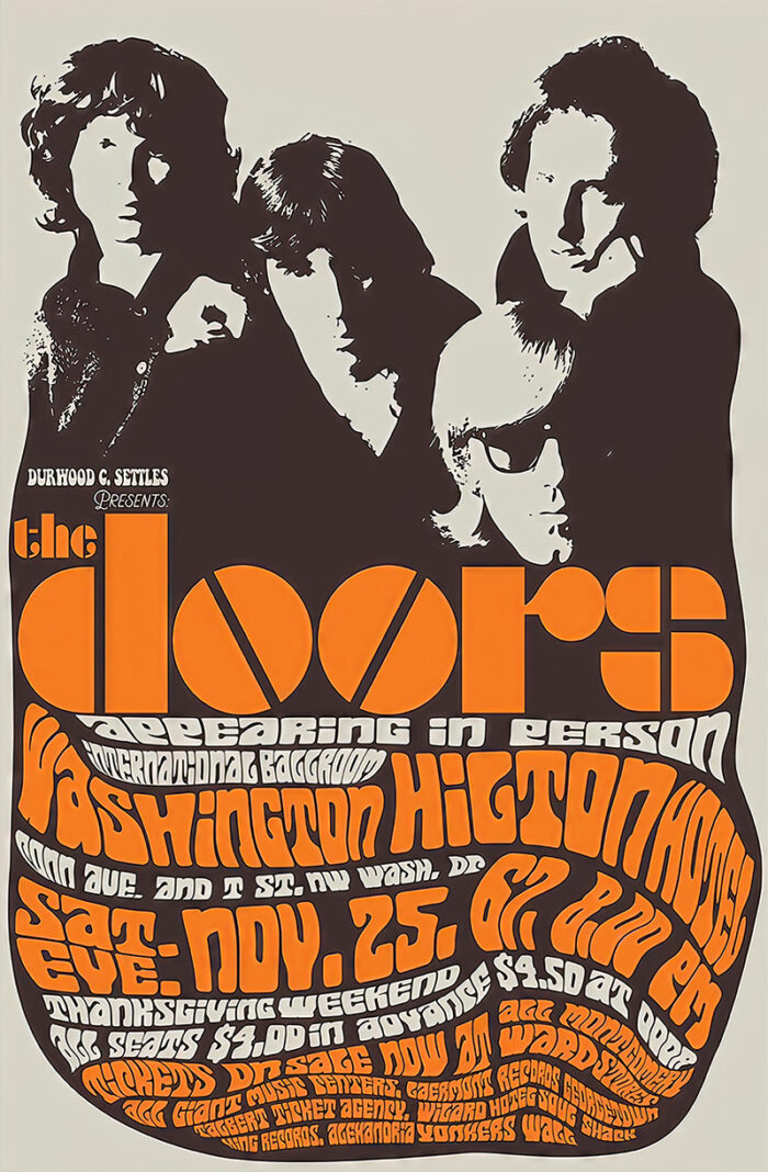 product-image Concert Poster for The Doors at Washington Hilton Hotel, featuring stylized orange and brown psychedelic text and a black-and-white band photo, advertising their November 25 show. A1 to A4 poster print.
