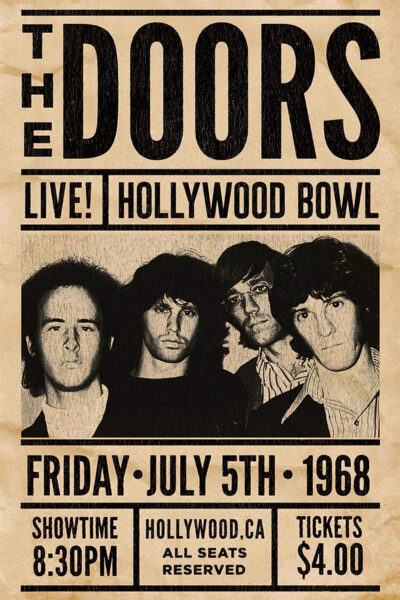 Vintage concert poster featuring The Doors live at the Hollywood Bowl on July 5, 1968, displaying band members along with event details like time, location, and ticket price. A1 to A4 poster print.
